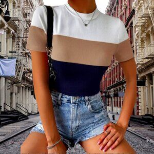 🌟 White, Tan, Navy Crew Neck Top, size XS, elastane, polyester